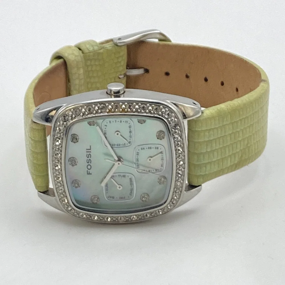 Fossil F2 Women's Watch 32mm Silver Tone Green MOP Crystals Day Date New Battery
